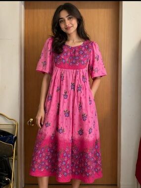 Phases Pink Bib-Front Floral Midi Dress  Size-Medium Vintage Boho (100% Cotton)